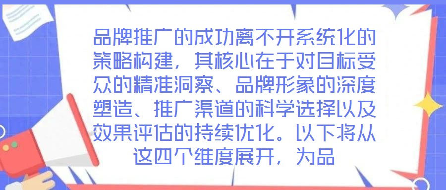 品牌推廣的成功離不開(kāi)系統(tǒng)化的策略構(gòu)建，其核心在于對(duì)目標(biāo)受眾的精準(zhǔn)洞察、品牌形象的深度塑造、推廣渠道的科學(xué)選擇以及效果評(píng)估的持續(xù)優(yōu)化。以下將從這四個(gè)維度展開(kāi)，為品
